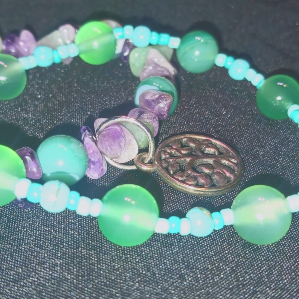 Green and Purple with Teal Beaded Bracelet set with Tree Charm and Owl C…